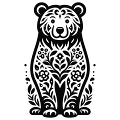 Ornate bear illustration, black and white, vector art with floral patterns, perfect for tattoos