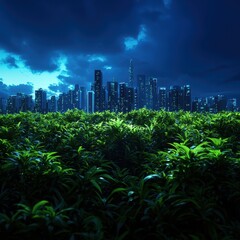 A vibrant city skyline at night, surrounded by lush green plants, blending nature and urban life in a stunning visual contrast.