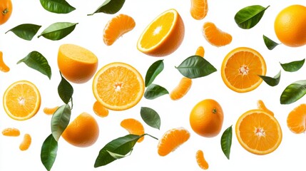 Flying fresh raw whole and sliced oranges with leaves on white background. Falling oranges