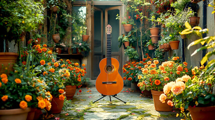 Wall Mural - The Acoustic guitar stand on the garden with flowers in spring or summer season background