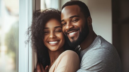 A happy couple smiles together near a window, enjoying a cozy moment indoors on a bright day