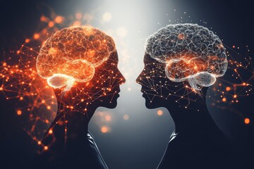 Poster - Personality trait Reactive Futuristic representation of two heads facing each other with fiery neural activity symbolizing intense debate and powerful intellectual exchange