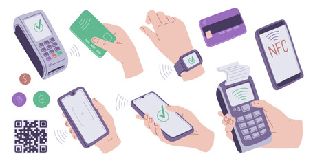 mobile, wireless contactless payment systems vector flat set, hand pays by card, smartphone qr code 