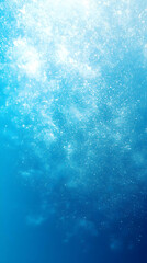 Abstract underwater scene with white particles and bubbles on blue background.