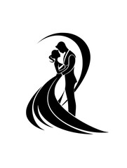 Elegant bride and groom silhouette illustration, Stylized black and white illustration of a bride and groom embracing, capturing the elegance and romance of a wedding in a minimalist silhouette desig
