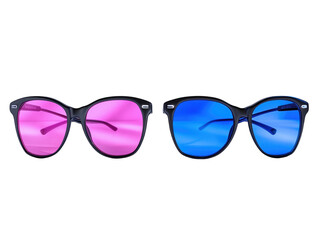 Three sunglasses in blue, black, and pink frames on white background. PNG transparent.