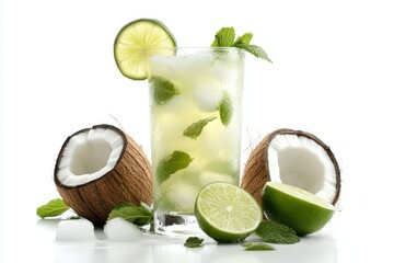 Wall Mural - Refreshing Cold Citrus Cocktail with Lime, Coconut, Ice, and Mint Leaves on White Background