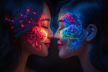 Canvas Print - Psychopathology Proactive Intense close up of two faces with abstract neural activity between them symbolizing the exchange of powerful emotions and deep intellectual connections