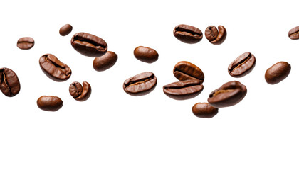 Wall Mural - Brown coffee beans falling against white background. Perfect for coffee shops, cafes, food blogs, and social media posts. Rich and aromatic