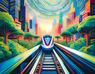 The image shows a futuristic train, a symbol of sustainable transport, traveling on an elevated track surrounded by trees and eco-friendly skyscrapers. It's an example of green mobility that reduces e