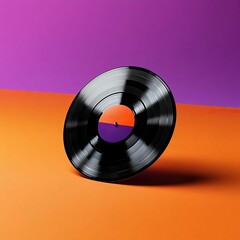 Black vinyl record on an orange and purple background.