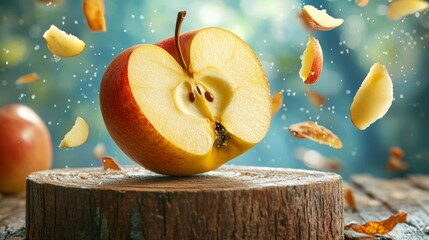 Wall Mural - Ripe Apple Slices Floating Mid-Air. Juicy Fruit Pieces on A Wooden Board, Blue Background