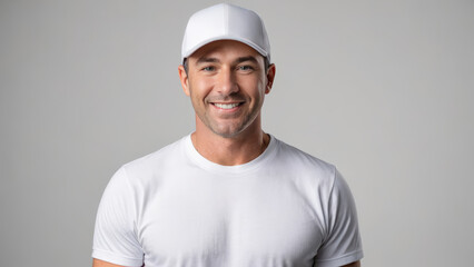 Man wearing white t-shirt and white baseball cap isolated on grey background