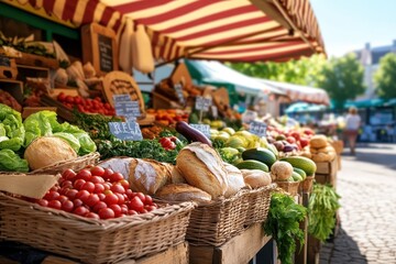 Wall Mural - Organic Farmers Market: A vibrant farmers market with stalls selling organic produce, artisanal bread, and homemade goods. The scene is bustling with customers, and the produce is displayed in an invi