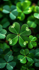 Canvas Print - Close up of a four-leaf clover in a bed of green shamrocks.