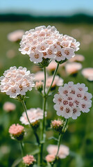 Poster - Close up of delicate white flowers with pink centers growing in a field.