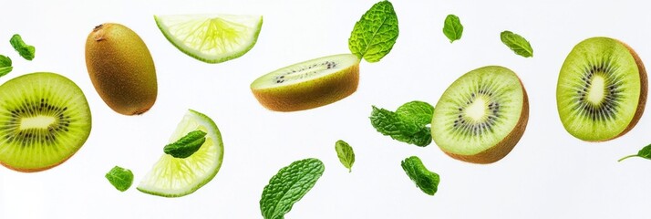 Flying fresh raw whole and sliced kiwi, lime and mint leaves on white background. Falling fruits