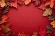 © MUdaylah - Autumn frame border of maple leaves on red background. Happy Thanksgiving Day, Halloween, Harvest concept with generative ai