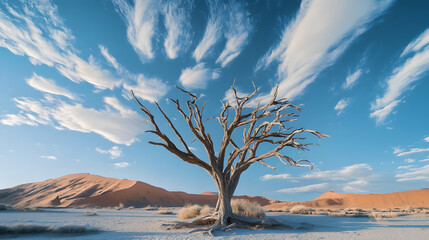 Wall Mural - An ecological and environmental concept featuring a dead dryed tree in the desert