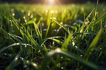 Beautiful natural background image of young lush green grass in the bright sunlight of a summer spring morning close up. Generative AI