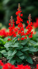 Sticker - Closeup of a vibrant red flower with green leaves blooming in a garden.