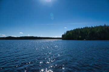 Lake in Sweden with blue sky, blue water and trees on the shore. Scandinavian nature