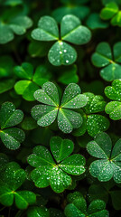 Wall Mural - Close-up of lush green clover leaves with dew drops.