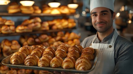 Baker's Pride: A smiling baker proudly displays a tray of golden croissants, showcasing the art of fresh bread baking in a warm, inviting bakery setting.  