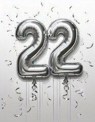 Silver birthday / anniversary balloon, number 22, white background with confetti