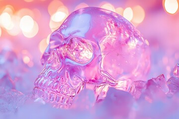 Vibrant crystal skull in shimmering lilac and pink tones