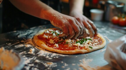 Beautiful still life of pizza and ingredients. Traditional Italian food. Photo for the menu