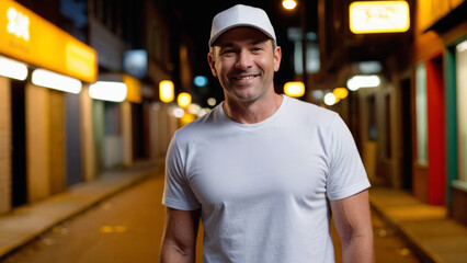 Wall Mural - Man wearing white t-shirt and white baseball cap standing in a city alley at night