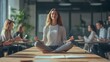 © zen - A serene woman meditating on a large office table in a bright, modern workspace, ignoring a group of colleagues around her who are anxiously discussing deadlines and projects