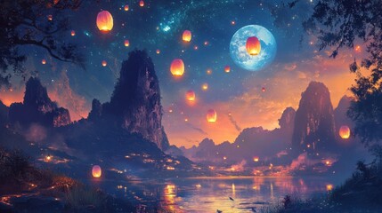 Wall Mural - A mystical night scene with glowing lanterns floating in the sky, casting vibrant colors over a serene, moonlit landscape.