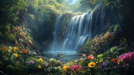 Wall Mural - A mystical scene of a waterfall in the heart of a dense forest, with colorful flowers dotting the landscape, exuding an enchanting atmosphere.