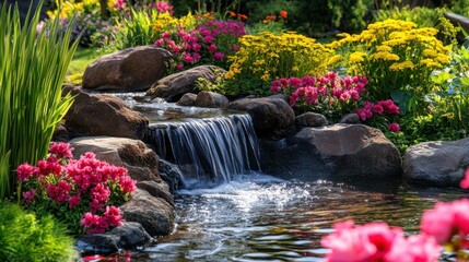 A peaceful garden with a small waterfall trickling over rocks, surrounded by blooming flowers, creating an idyllic and serene landscape.