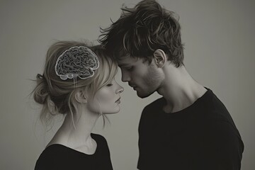 Sticker - Emotional regulation Integrated Romantic couple with interconnected brains symbolizing the deep intellectual and emotional connection that forms the foundation of their relationship