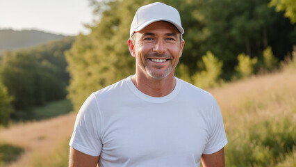 Wall Mural - Man wearing white t-shirt and white baseball cap standing in nature