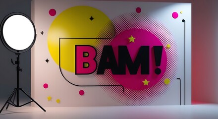 Wall Mural - Minimalist pop art background with bright, high-contrast colors. Features simple halftone patterns, basic elements like circles or stars, and bold 