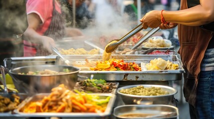 Traditional street food. Asian food. Meat, vegetables. Grilled food, on an open fire. Open cafe. Takeaway food. Fast food. Buffet.