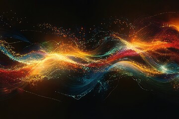 Wall Mural - Abstract Wavy Lines and Glowing Particles on Black Background