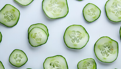 Wall Mural - Slices of fresh cucumber on white background