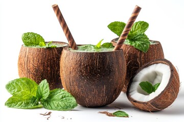 Refreshing Green Smoothies in Coconut Shells with Bamboo Straws, Isolated on White Background