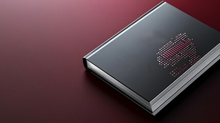 Close-up of a black hardcover book with silver accents, lying on a maroon surface.