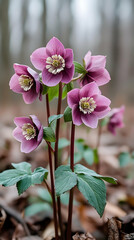 Wall Mural - Five delicate pink flowers with white centers bloom on a green stem with dark brown leaves in the background.