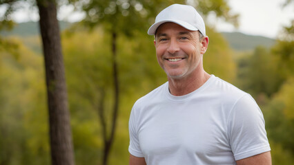 Wall Mural - Man wearing white t-shirt and white baseball cap standing in nature