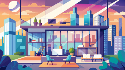 Wall Mural - Illustration of modern light apartment with big windows created with  technology.