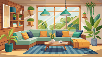 Wall Mural - Comfortable and casual living room interior design with a large sectional, natural wood accents, and indoor plants