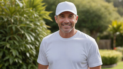 Wall Mural - Man wearing white t-shirt and white baseball cap standing in the garden