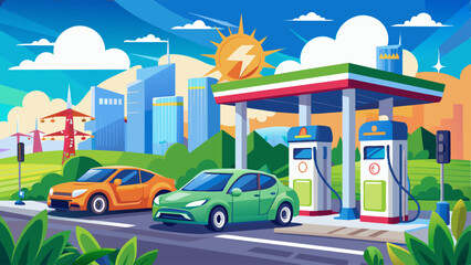 Wall Mural - EV charging stations are designed with the idea of supplying eco-power and green energy from sustainable sources to charger stations in order to minimize CO2 emissions. The